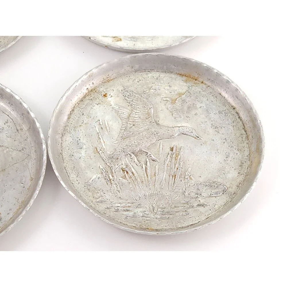 Vintage Stamped Aluminum Coasters Set of 4 Flying Mallard Ducks Marsh Cabin MCM